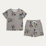 Grey Minnie Mouse Print Cotton Jersy Fabric Suit For Girls
