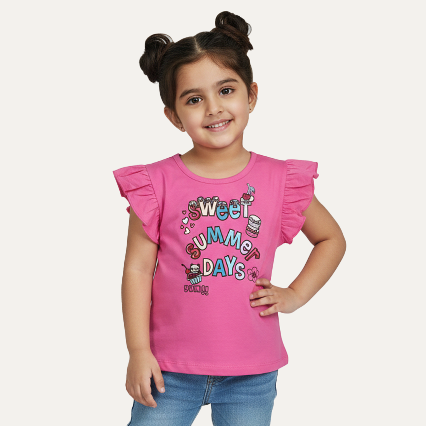 Blush Pink Sweet Summer Days Print T-shirt Top For Girls