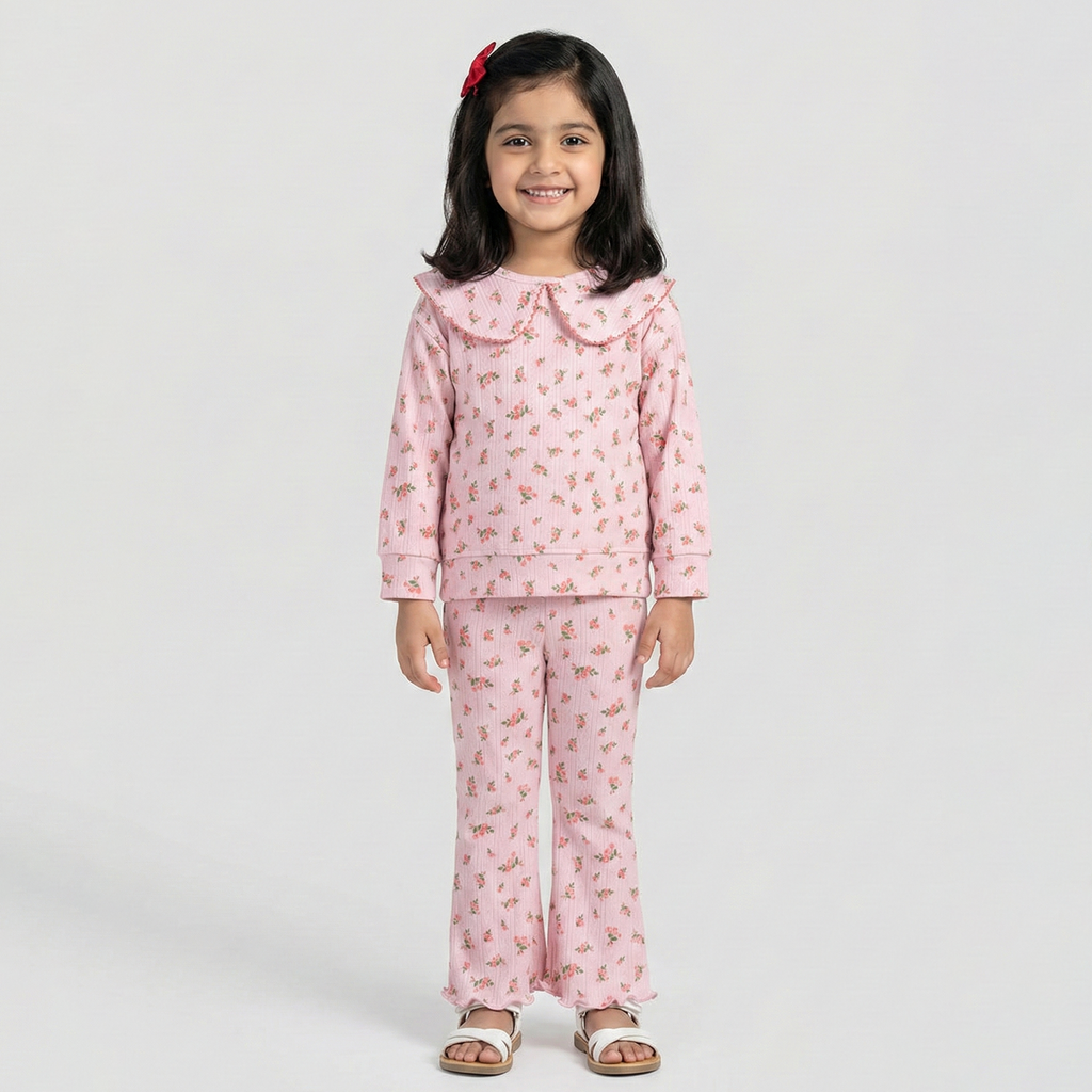 Purple Flowers Print Shirt With Trouser Suit For Girls