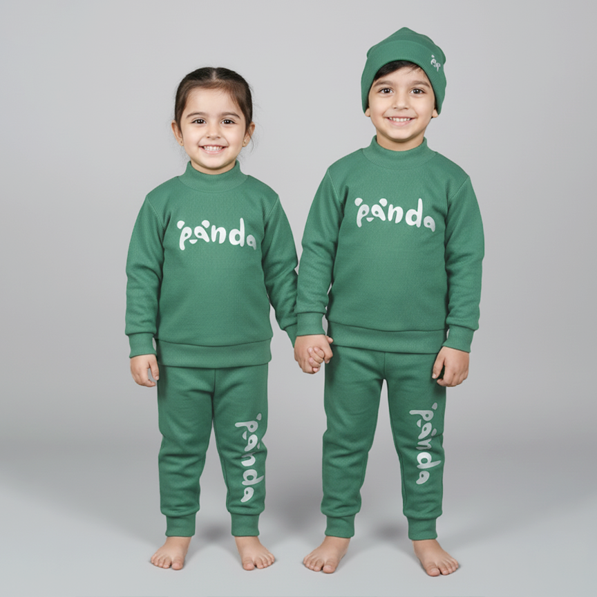 Green Panda Print Ribbed Fabric Suit For Winters
