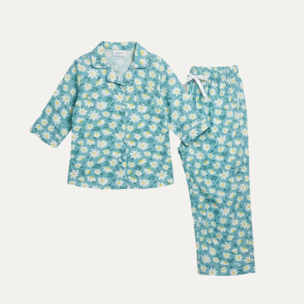 Sky Blue Flowers Print Co-ord Ribbed Fabric Suit For Girls Secondary image