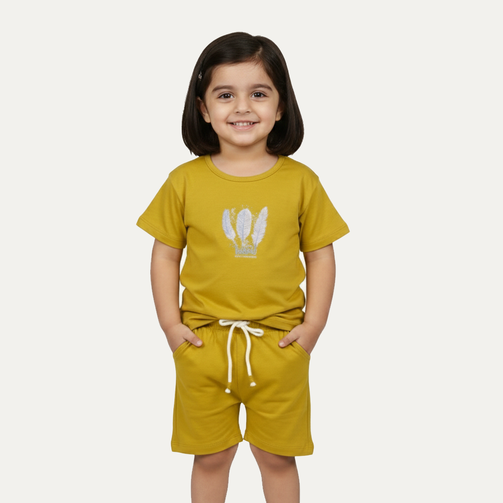 Mustard Tribal Print Cotton Jersy Fabric Suit For Girls Main image