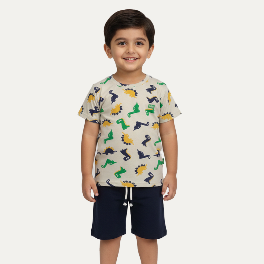 Cream Dino Print Cotton Jersy Suit For Boys