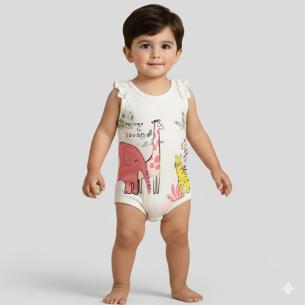 CREAM WELCOME TO SAVANA ANIMALS PRINTED ROMPER FOR GIRLS