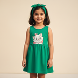 GREEN WITH HAIR BAND KITTEN PRINT FROCK FOR GIRLS