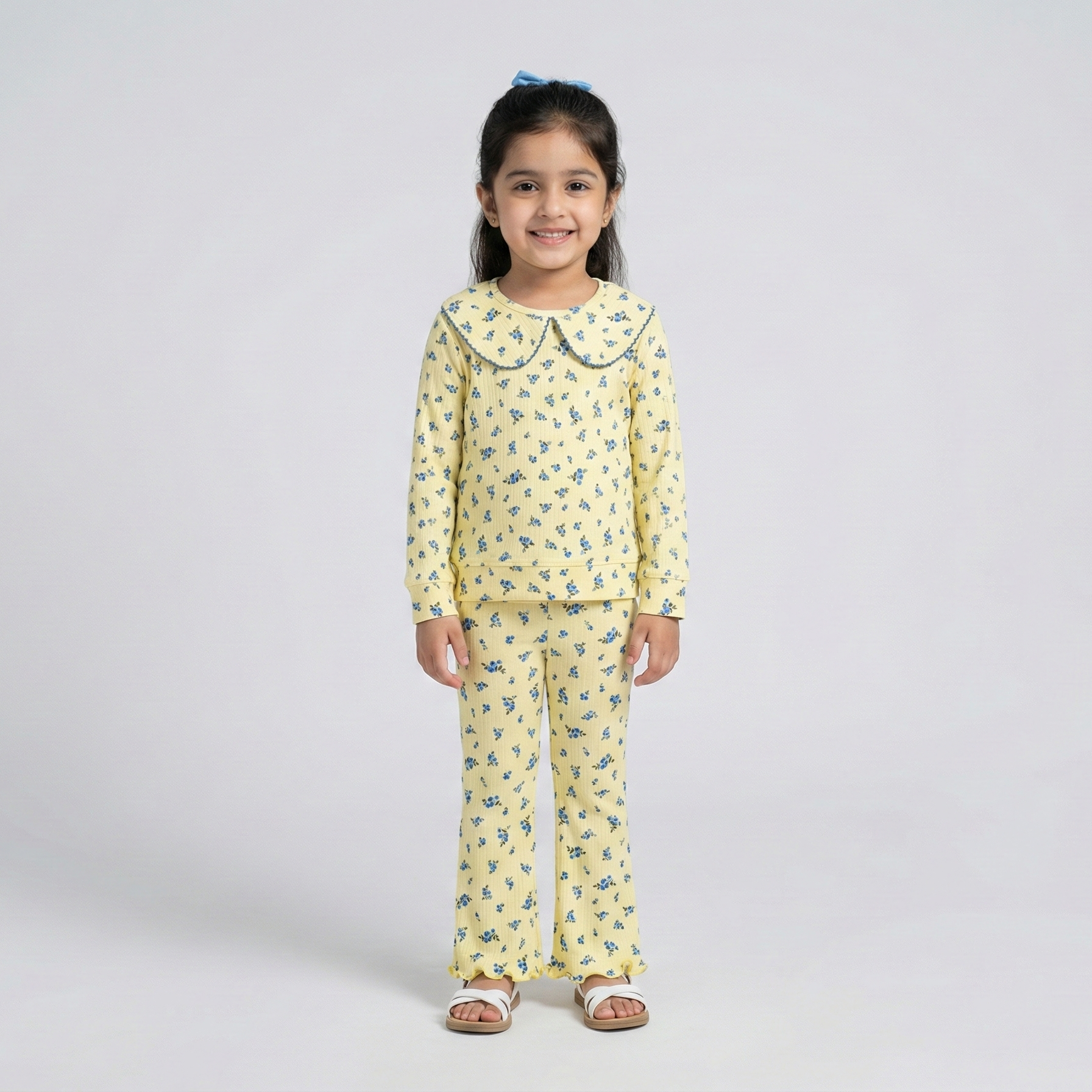 Yellow Flowers Print Shirt With Trouser Suit For Girls Main image