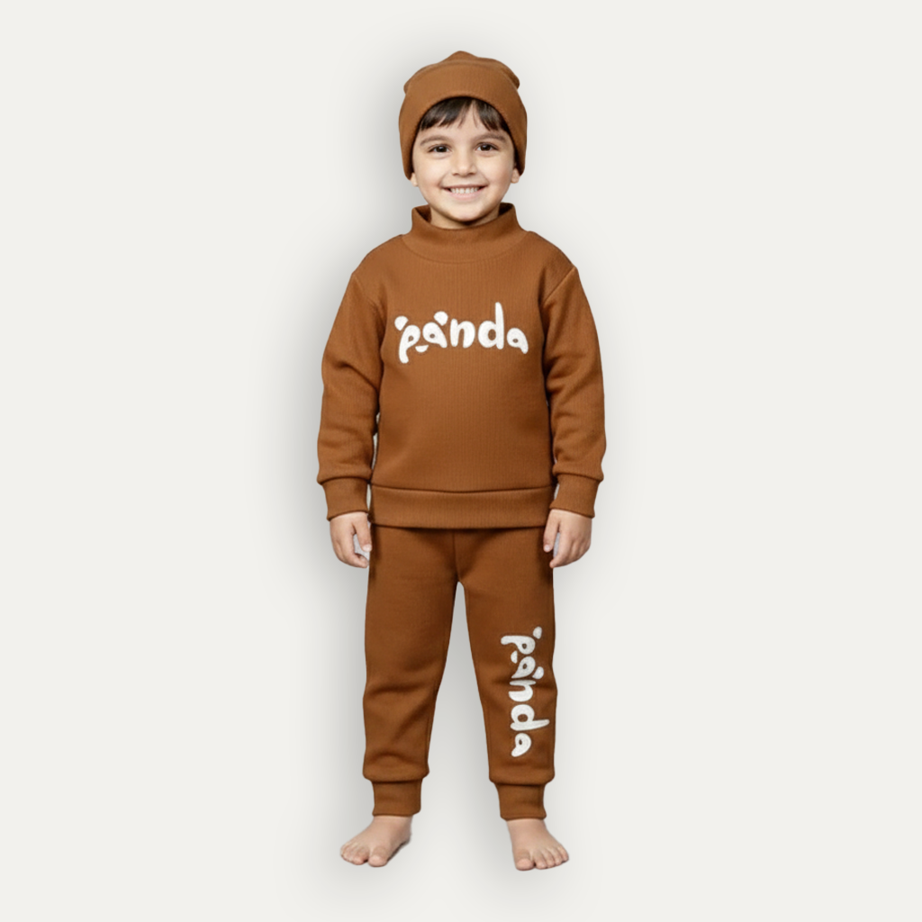 Light Brown Panda Print Ribbed Fabric Suit For Winters Main image