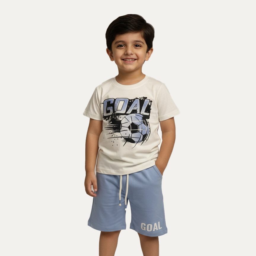 White "Blue Goal" Print Cotton Jersy Suit For Boys