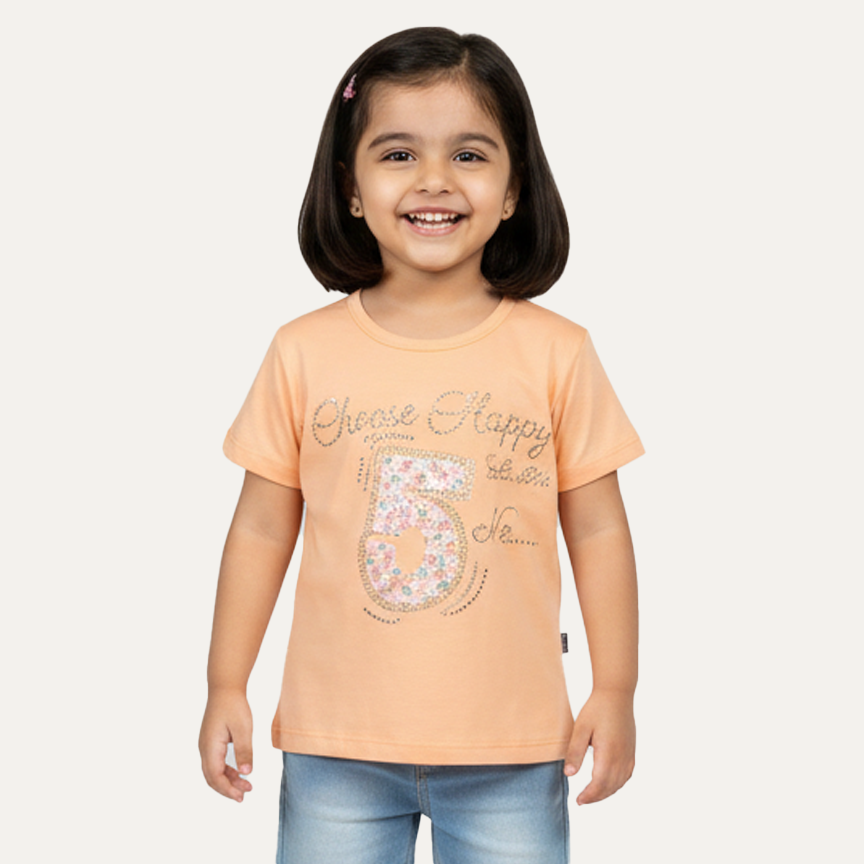 Peach 5 Print T-shirt Top For Girls Main image
