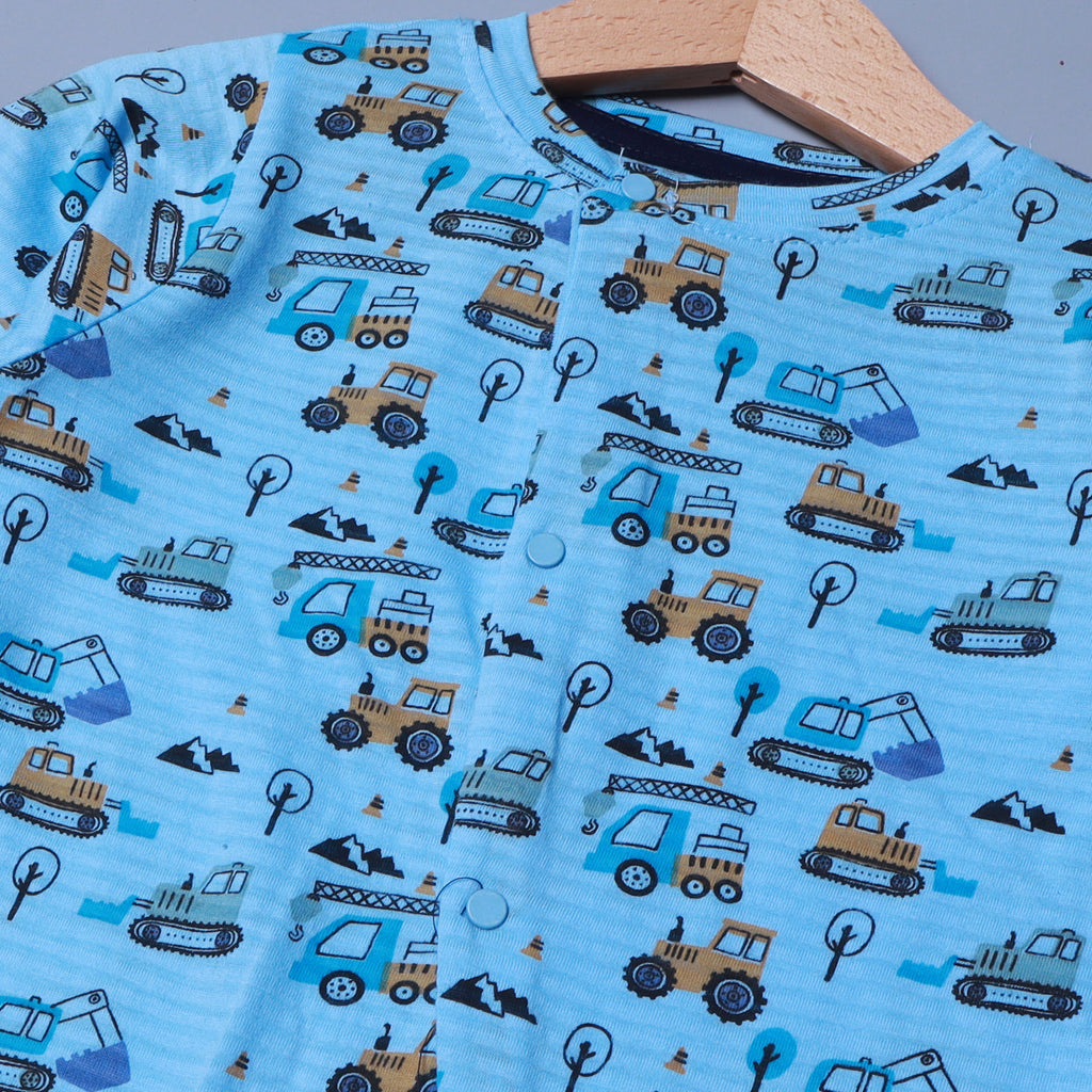 SKY BLUE HEAVY TRUCKS & EXCAVATOR PRINT FULL BODY FULL SLEEVES ROMPERS