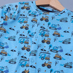 SKY BLUE HEAVY TRUCKS & EXCAVATOR PRINT FULL BODY FULL SLEEVES ROMPERS