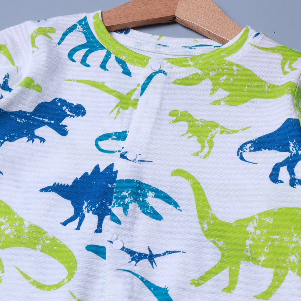 WHITE DINOSAURUS PRINT FULL BODY FULL SLEEVES ROMPERS