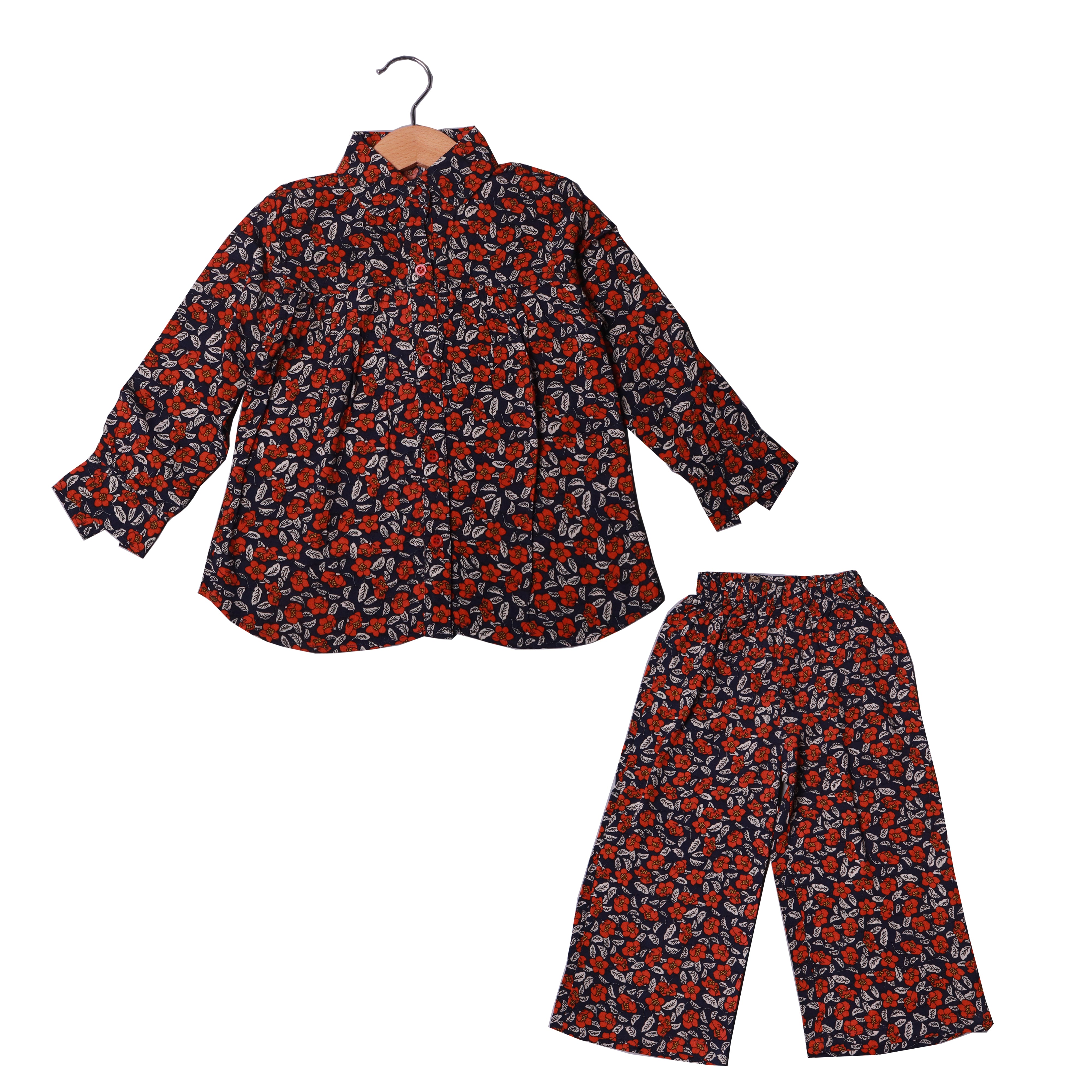 NAVY BLUE WITH ORANGE FLOWERS PRINT LINEN FABRIC SUIT FOR GIRLS Secondary image