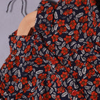 NAVY BLUE WITH ORANGE FLOWERS PRINT LINEN FABRIC SUIT FOR GIRLS