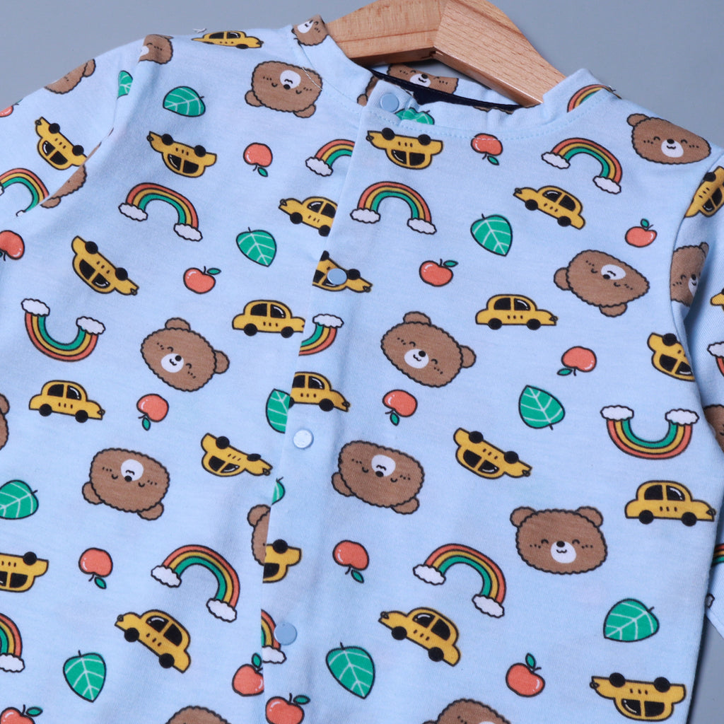 BLUE TEDDY & RAINBOW PRINT FULL BODY FULL SLEEVES ROMPERS