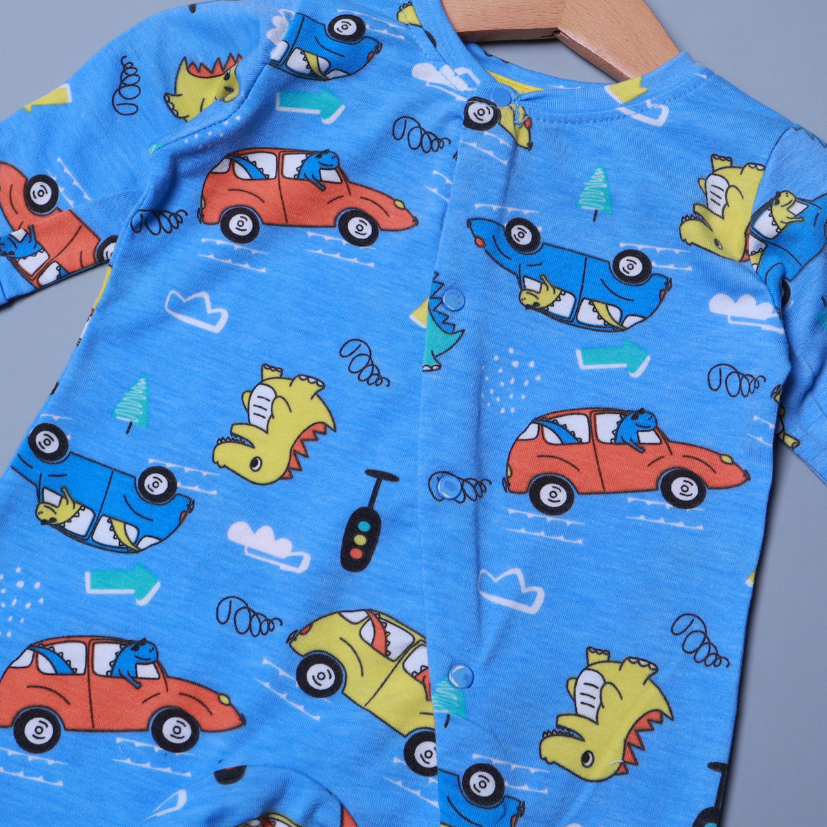 ROYAL BLUE DINO & CARS PRINT FULL BODY FULL SLEEVES ROMPERS