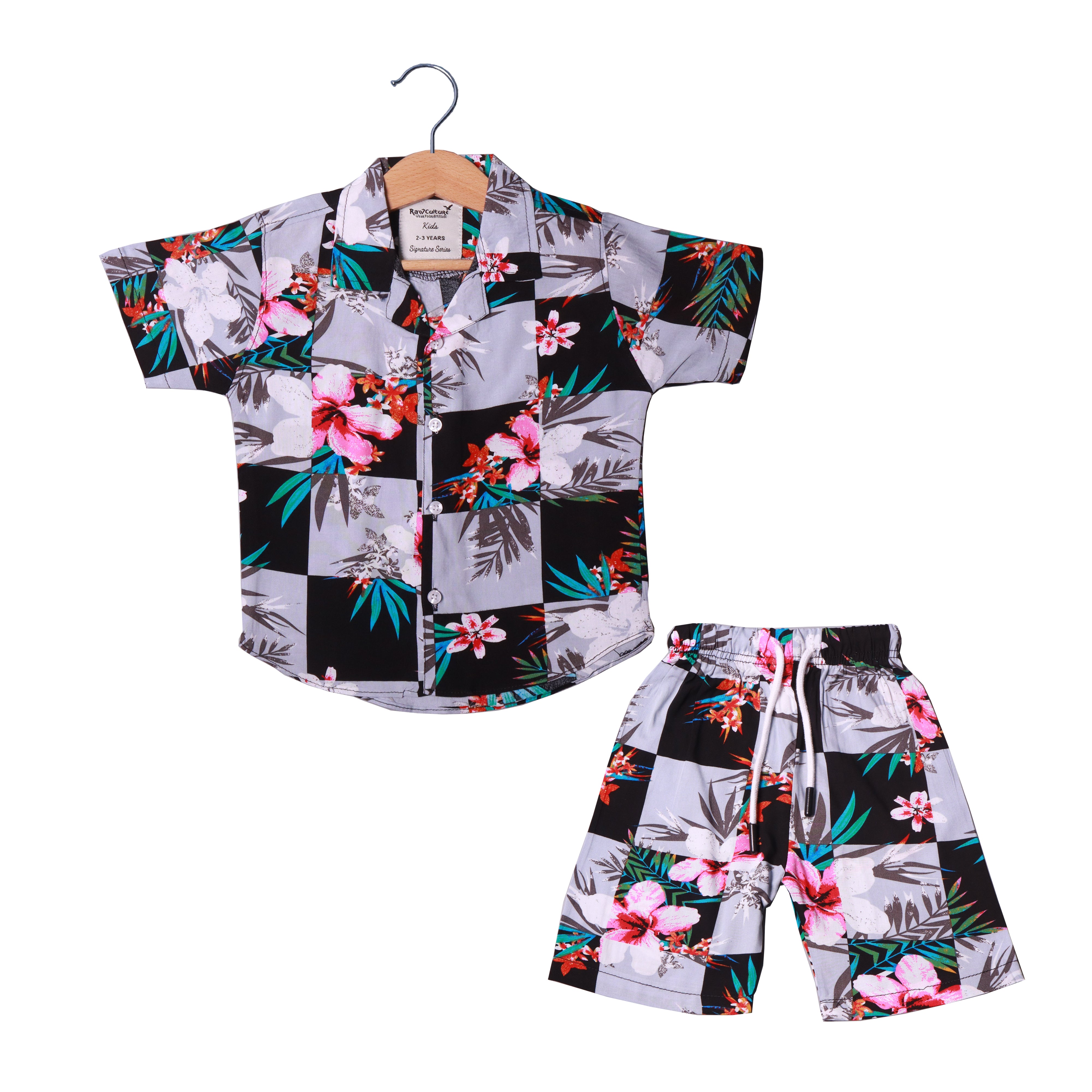 GREY & BLACK FLOWERS PRINT LINEN FABRIC WITH SHORTS BABA SUIT Main image