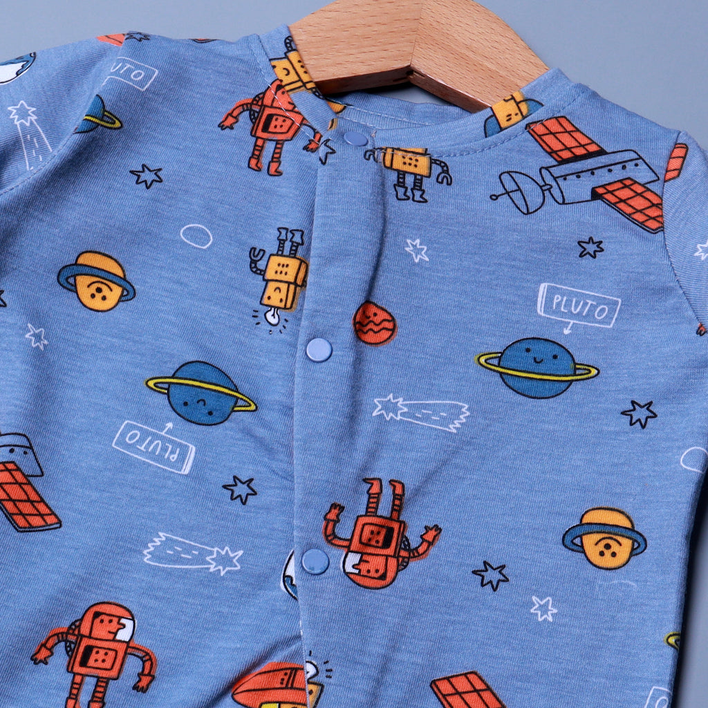 DULL BLUE PLANETS & ROBOTS PRINT FULL BODY FULL SLEEVES ROMPERS