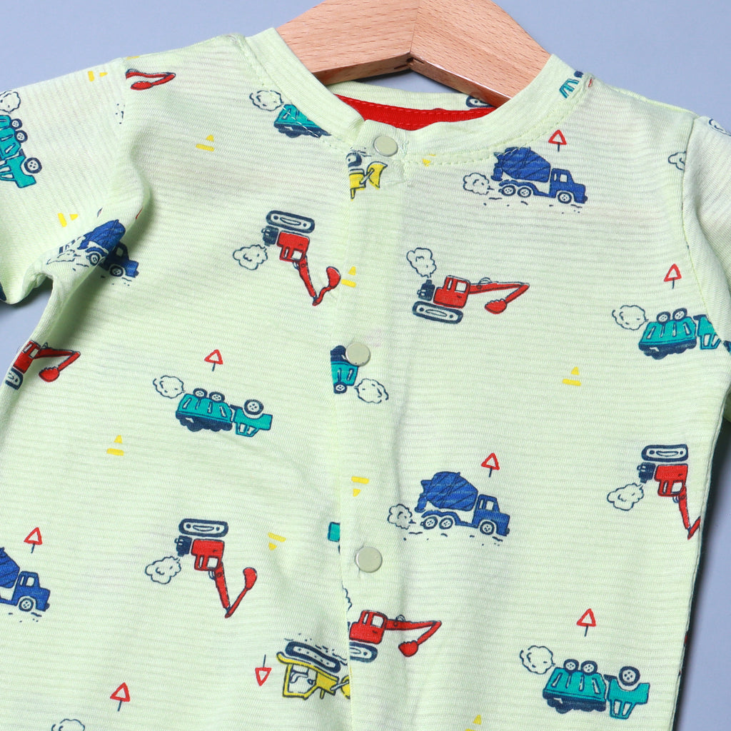 LIGHT GREEN TRUCKS PRINT FULL BODY FULL SLEEVES ROMPERS