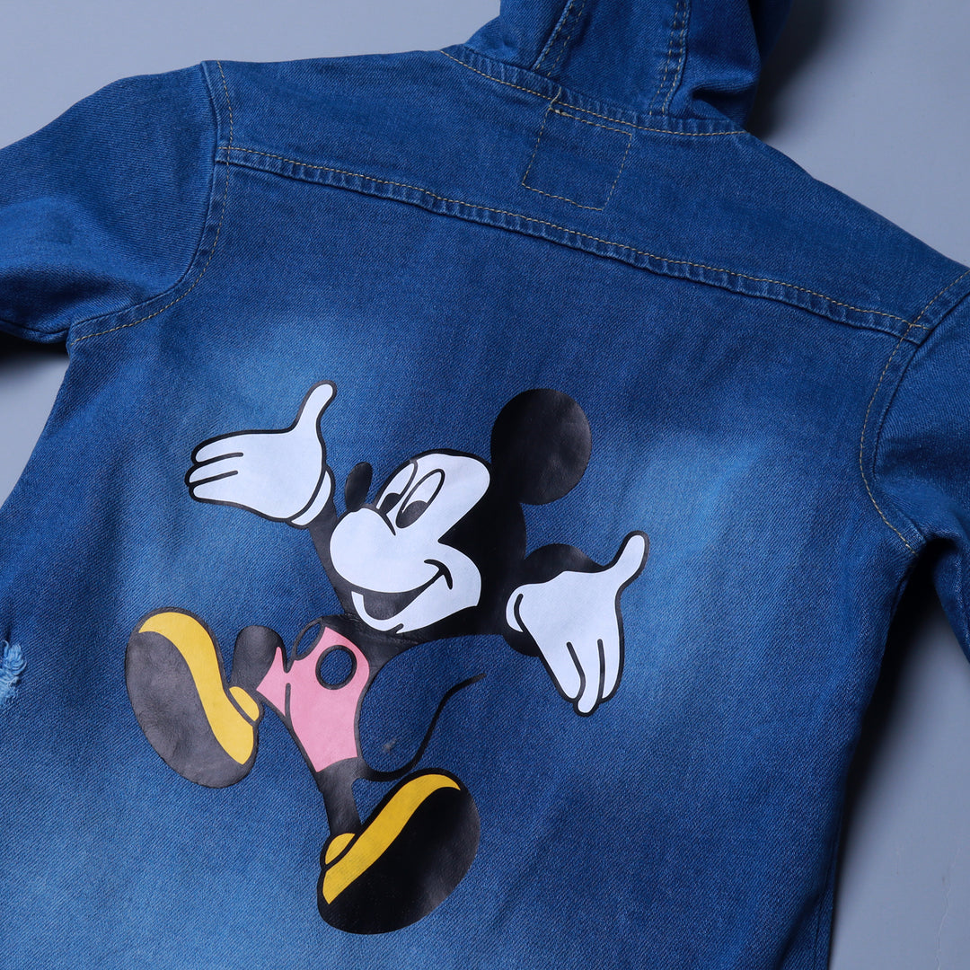 LIGHT BLUE MICKEY MOUSE PRINT WITH HOOD DENIM JACKET