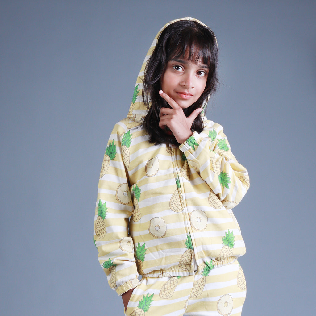 YELLOW HOODIE PINEAPPLE PRINTED TERRY FABRIC SUIT FOR WINTERS