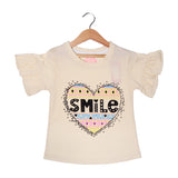 CREAM HEART SMILE PRINTED T-SHIRT FOR GIRLS