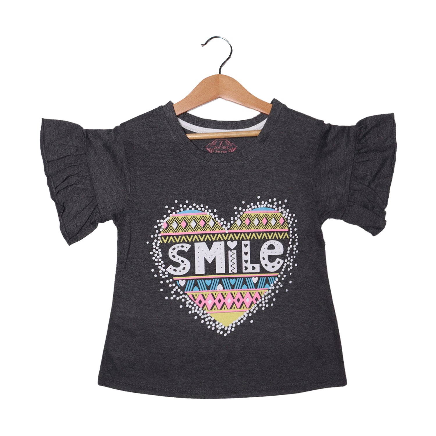 CHARCOAL GREY HEART SMILE PRINTED T-SHIRT FOR GIRLS Secondary image