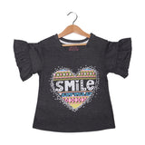 CHARCOAL GREY HEART SMILE PRINTED T-SHIRT FOR GIRLS