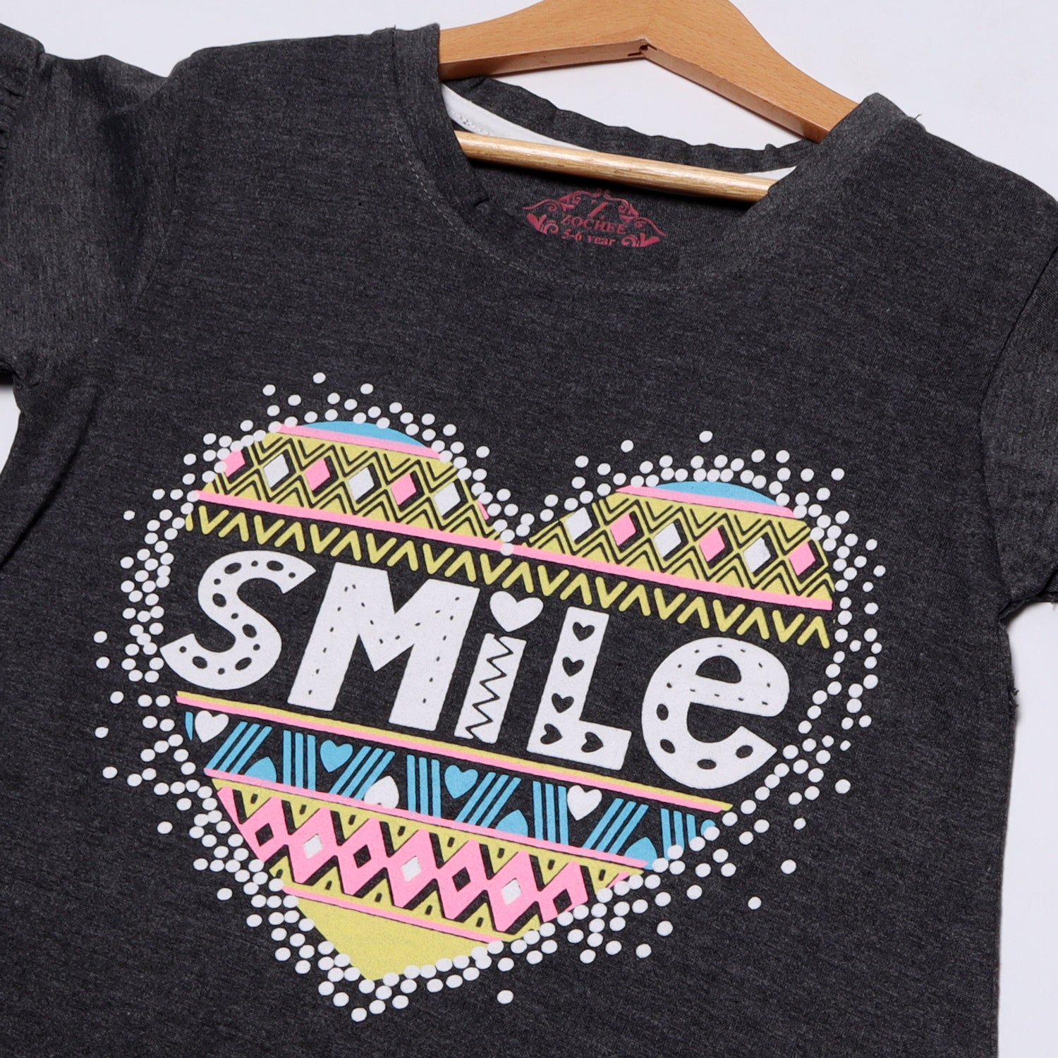 CHARCOAL GREY HEART SMILE PRINTED T-SHIRT FOR GIRLS