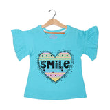 BLUSH SKY BLUE HEART SMILE PRINTED T-SHIRT FOR GIRLS