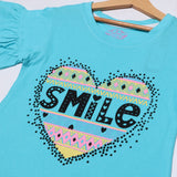 BLUSH SKY BLUE HEART SMILE PRINTED T-SHIRT FOR GIRLS