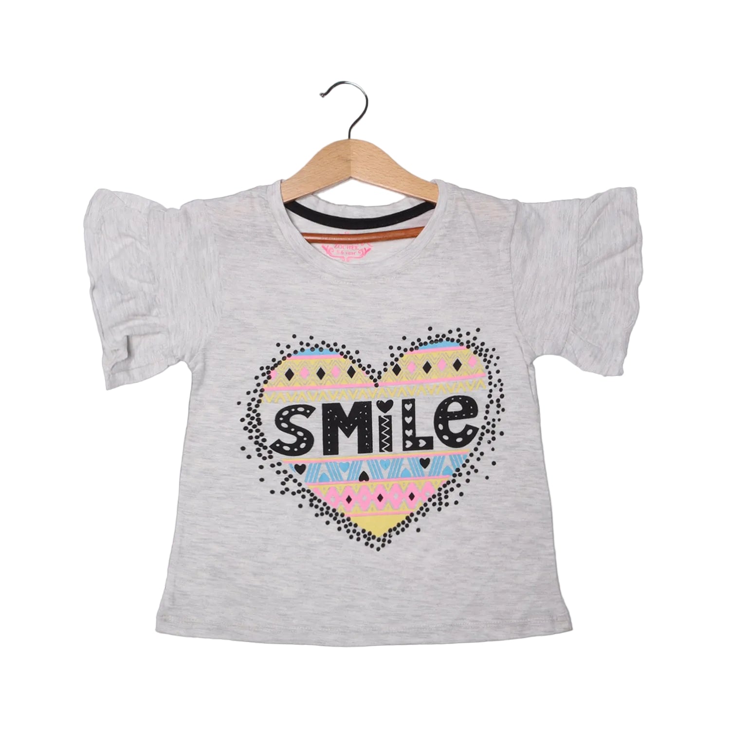 LIGHT GREY HEART SMILE PRINTED T-SHIRT FOR GIRLS Secondary image
