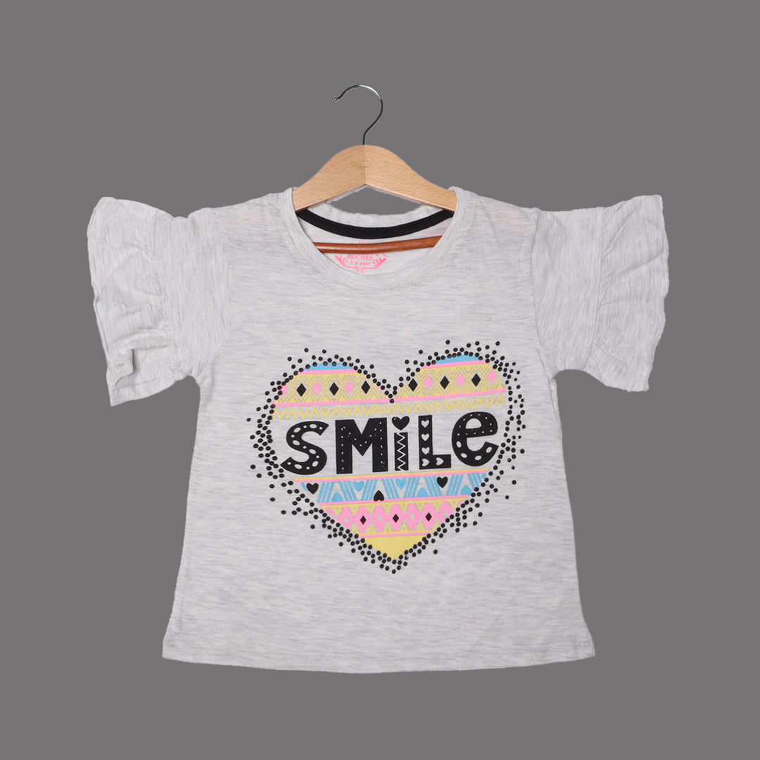 LIGHT GREY HEART SMILE PRINTED T-SHIRT FOR GIRLS