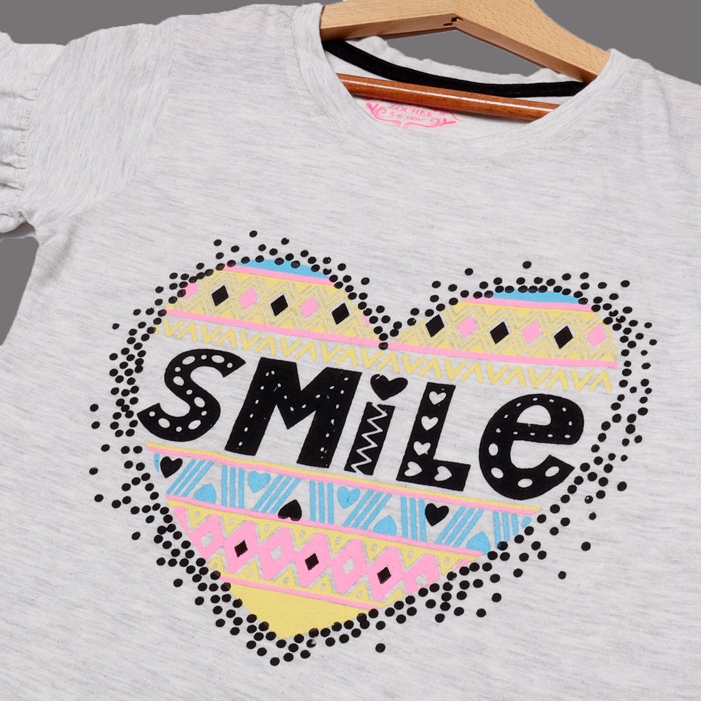 LIGHT GREY HEART SMILE PRINTED T-SHIRT FOR GIRLS