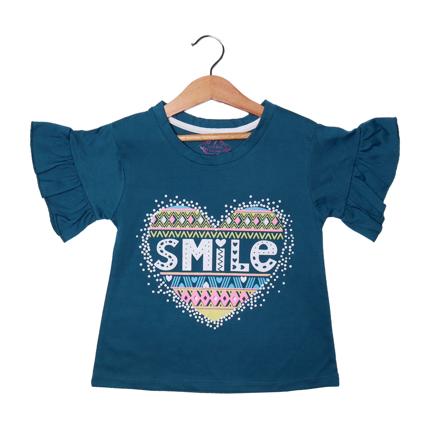 TEAL BLUE HEART SMILE PRINTED T-SHIRT FOR GIRLS