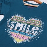 TEAL BLUE HEART SMILE PRINTED T-SHIRT FOR GIRLS