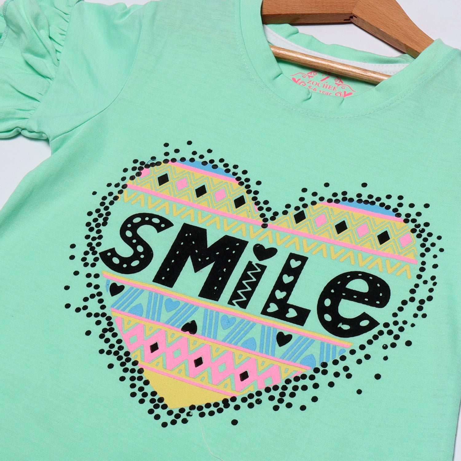 LIGHT GREEN HEART SMILE PRINTED T-SHIRT FOR GIRLS