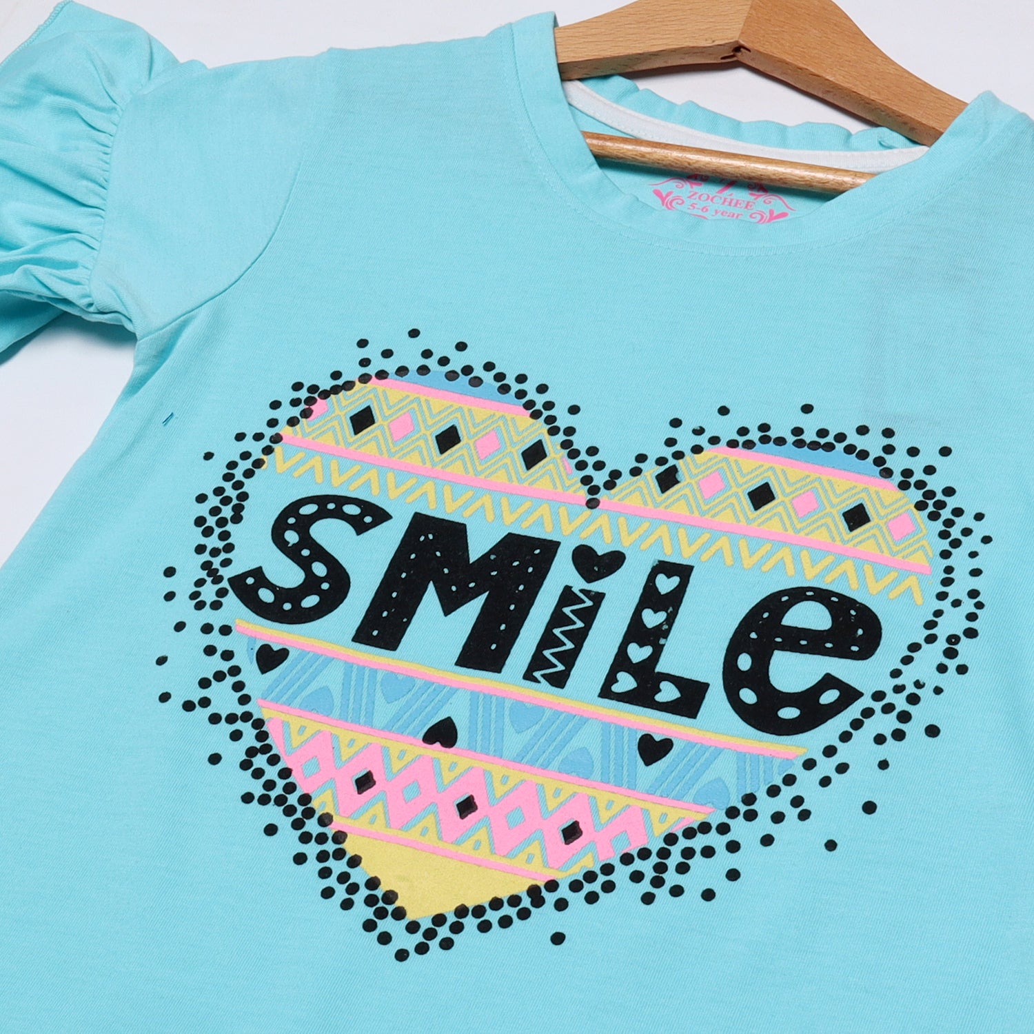 SKY BLUE HEART SMILE PRINTED T-SHIRT FOR GIRLS