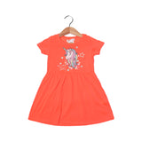DARK ORANGE UNICORN RAINBOW POWER PRINTED FROCK FOR GIRLS