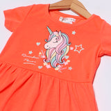 DARK ORANGE UNICORN RAINBOW POWER PRINTED FROCK FOR GIRLS
