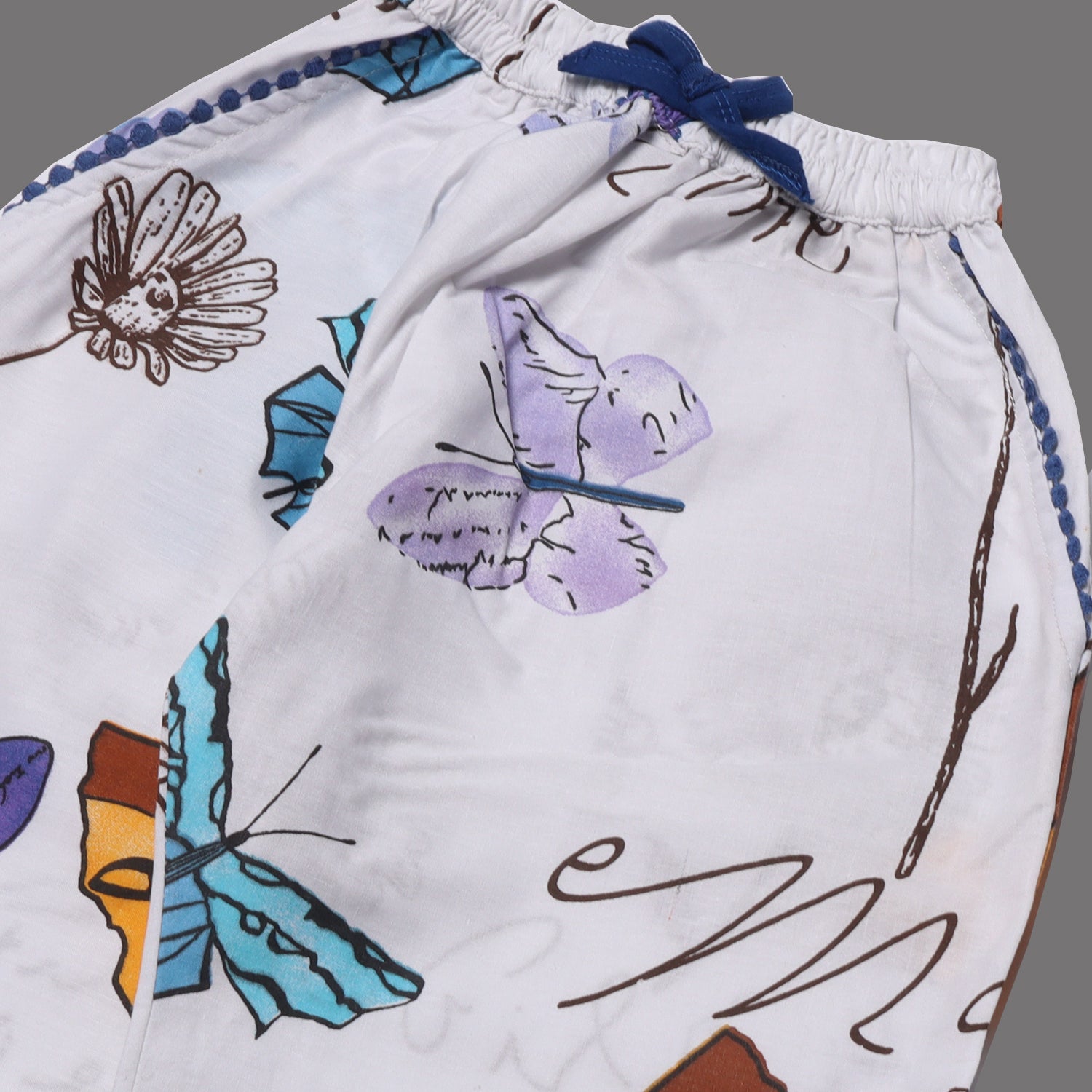 WHITE WITH BIG BUTTERFLIES PRINTED FRIL POCKETS PAJAMA FOR GIRLS