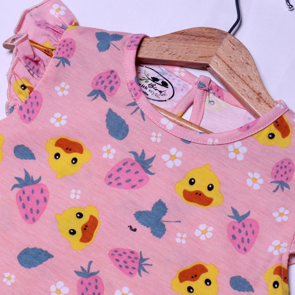 PINK DUCK & STRAWBERRY PRINTED T-SHIRT TOP FOR GIRLS