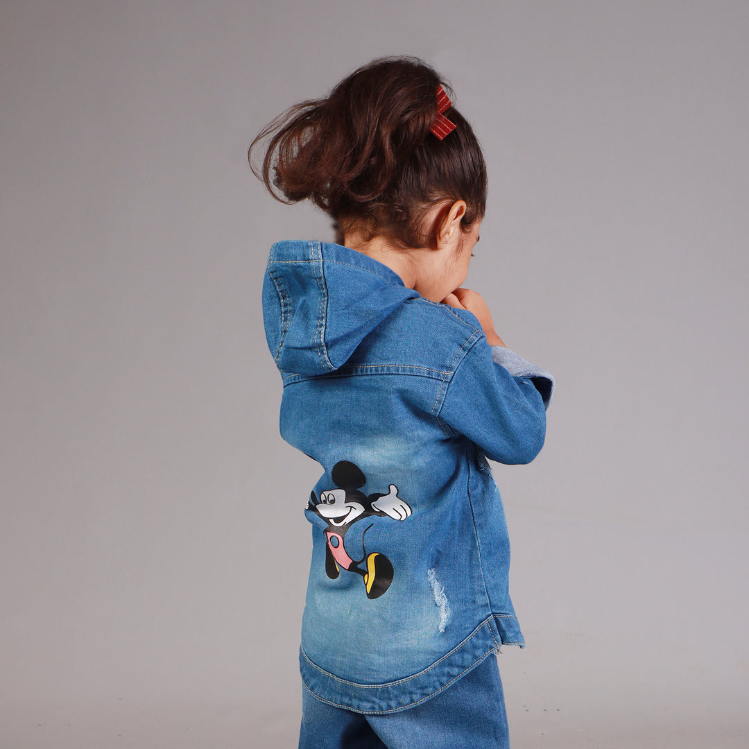 LIGHT BLUE MICKEY MOUSE PRINT WITH HOOD DENIM JACKET