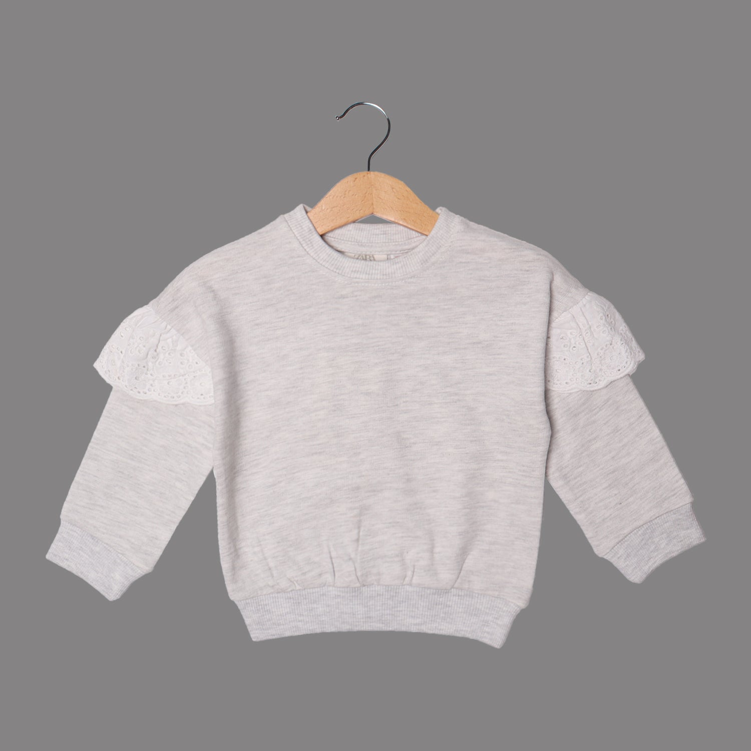 GREY WITH FRIL SLEEVES PLAIN SWEATSHIRT FOR GIRLS Main image