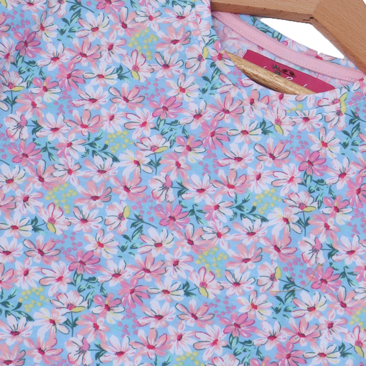 SKY BLUE ALL OVER FLOWERS PRINTED T-SHIRT TOP FOR GIRLS