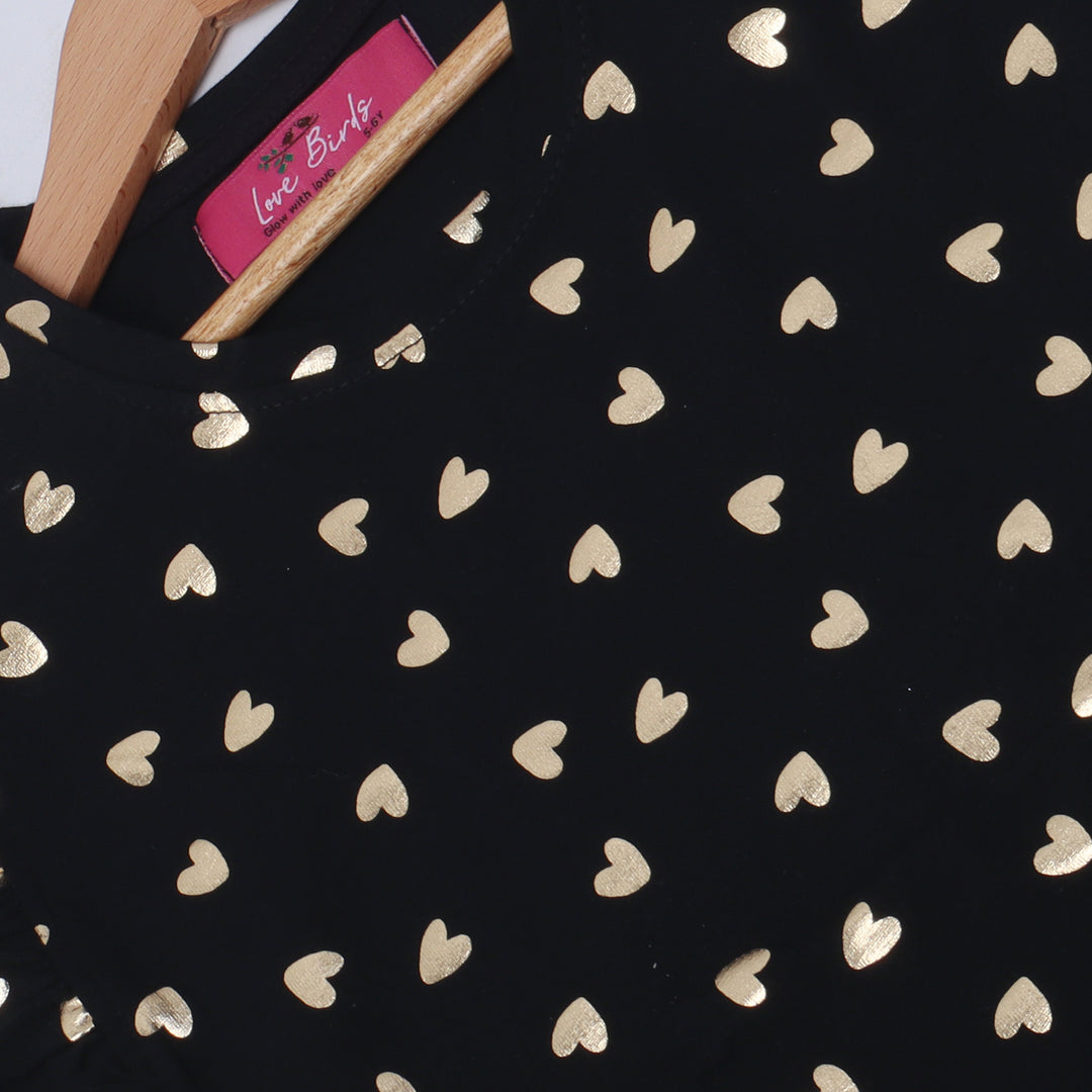 BLACK WITH GOLDEN HEARTS PRINTED T-SHIRT TOP FOR GIRLS