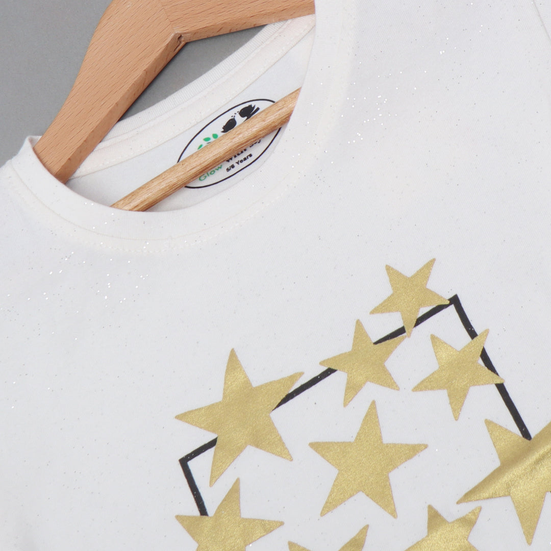 WHITE WITH GOLDEN STARS PRINTED T-SHIRT TOP FOR GIRLS