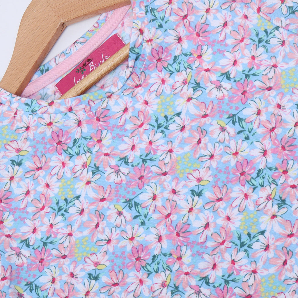 SKY BLUE FLOWERS WITH BOW SLEEVES PRINTED T-SHIRT TOP FOR GIRLS