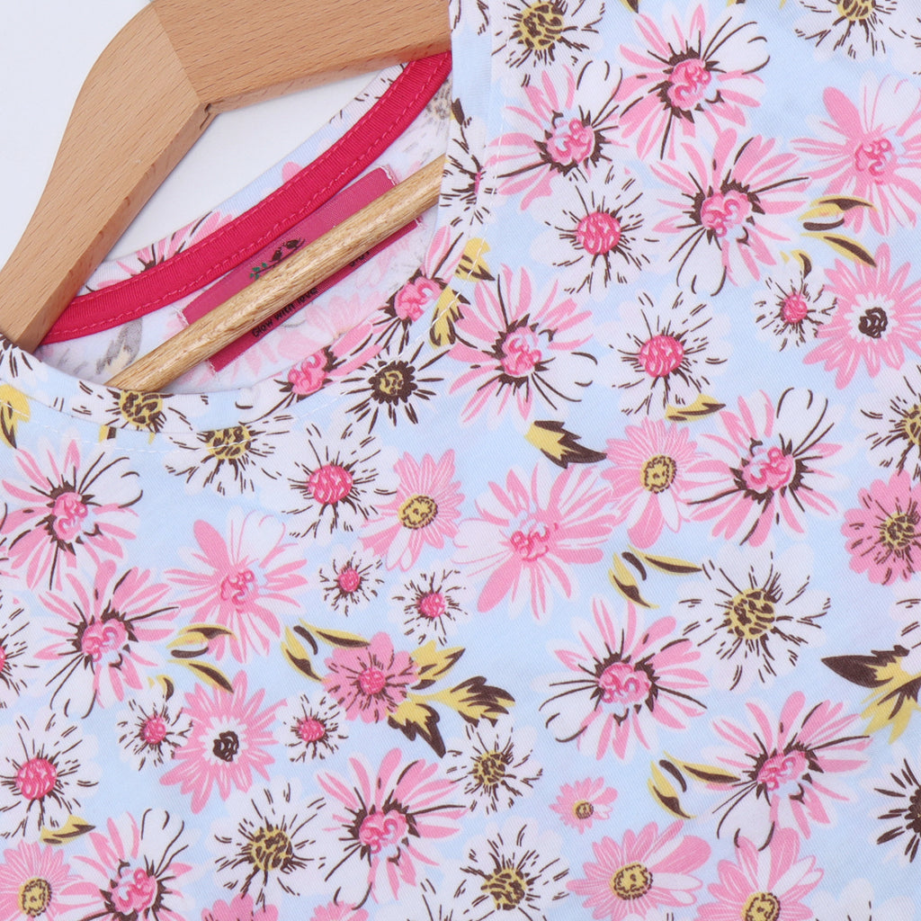 SKY BLUE BIG FLOWERS PRINTED T-SHIRT TOP FOR GIRLS