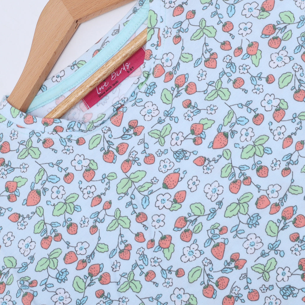 SKY BLUE STRAWBERRY PRINTED T-SHIRT TOP FOR GIRLS
